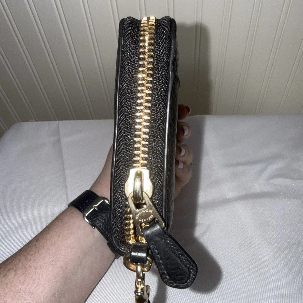Coach Zip-Around Black Pebbled Leather Gold Wallet Wristlet Card Holder